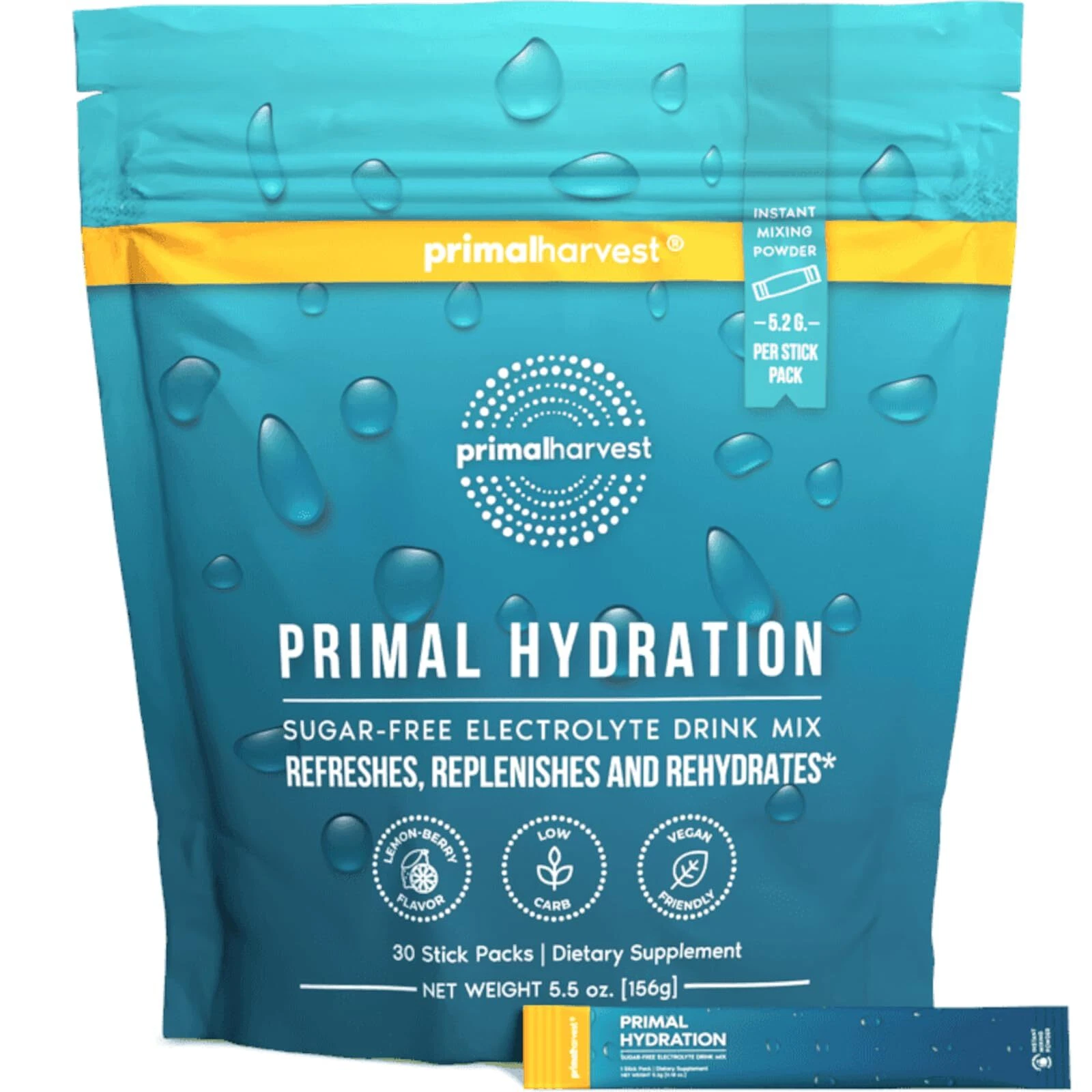 Primal Harvest Electrolytes Powder Packets Primal Hydration, Easy Open Packets,
