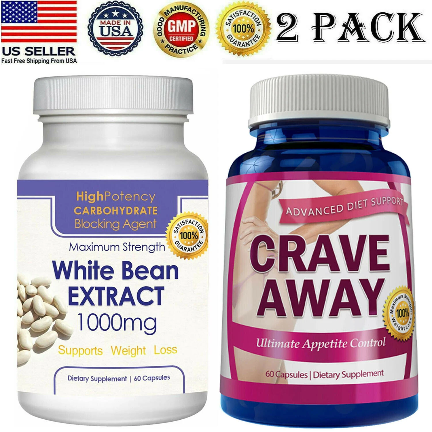 White Kidney Bean Extract Weight Loss Caps Crave Away Appetite Control Pills 2pk