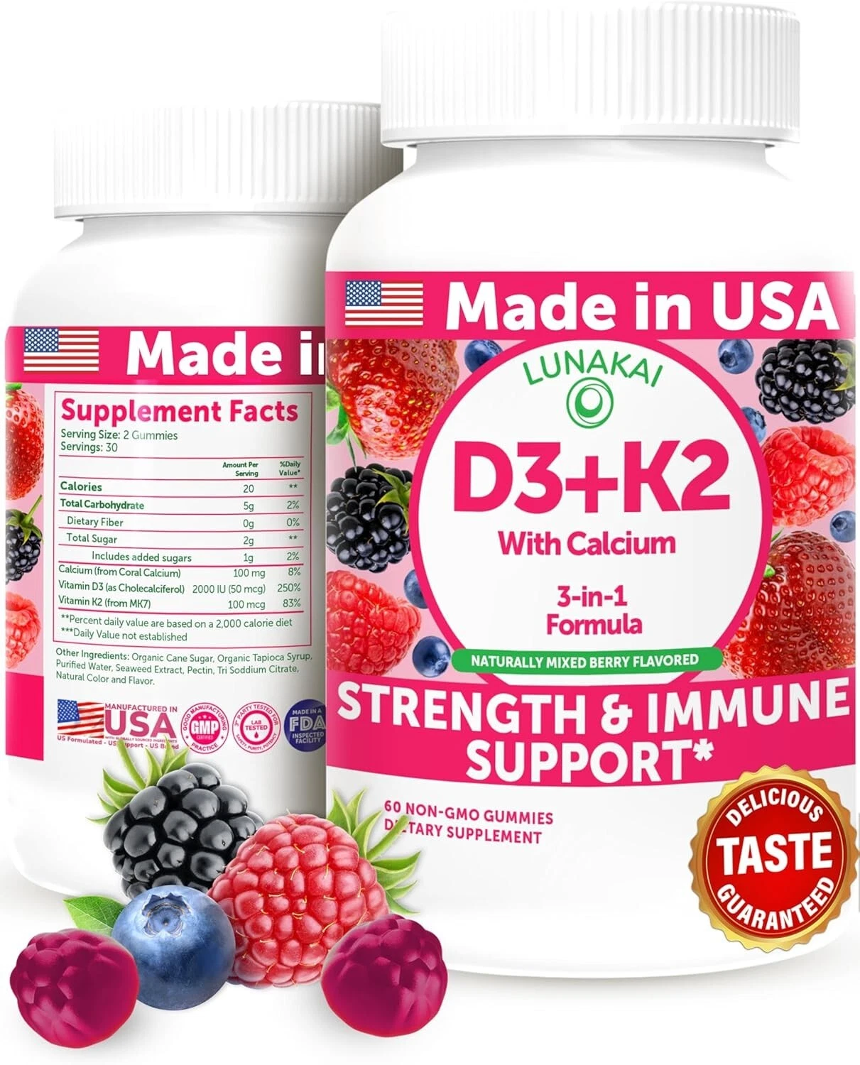 Lunakai USA Made Vitamin D3 K2 Gummies with Calcium for Women, Men & Kids - 3-in