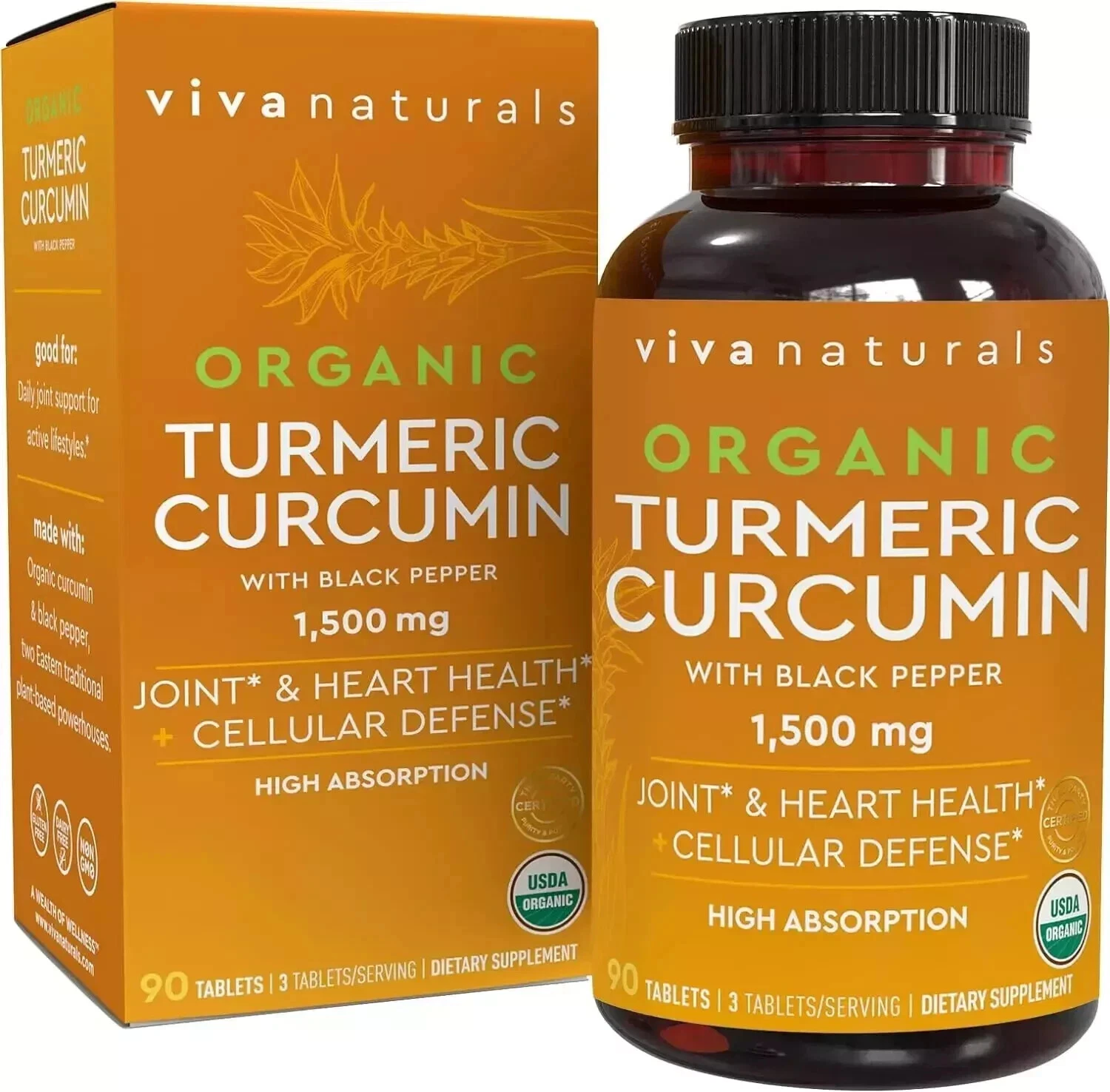 Viva Naturals Organic Turmeric Curcumin Supplement 1500mg with Black Pepper 90ct