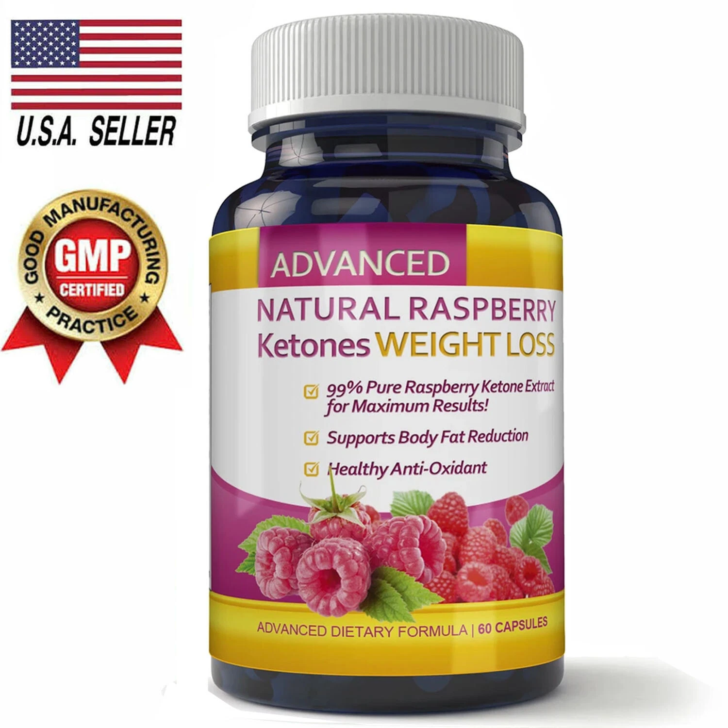 Pure Raspberry Ketone 60 Capsules Fat Burner Weight Loss Support Free Shipping