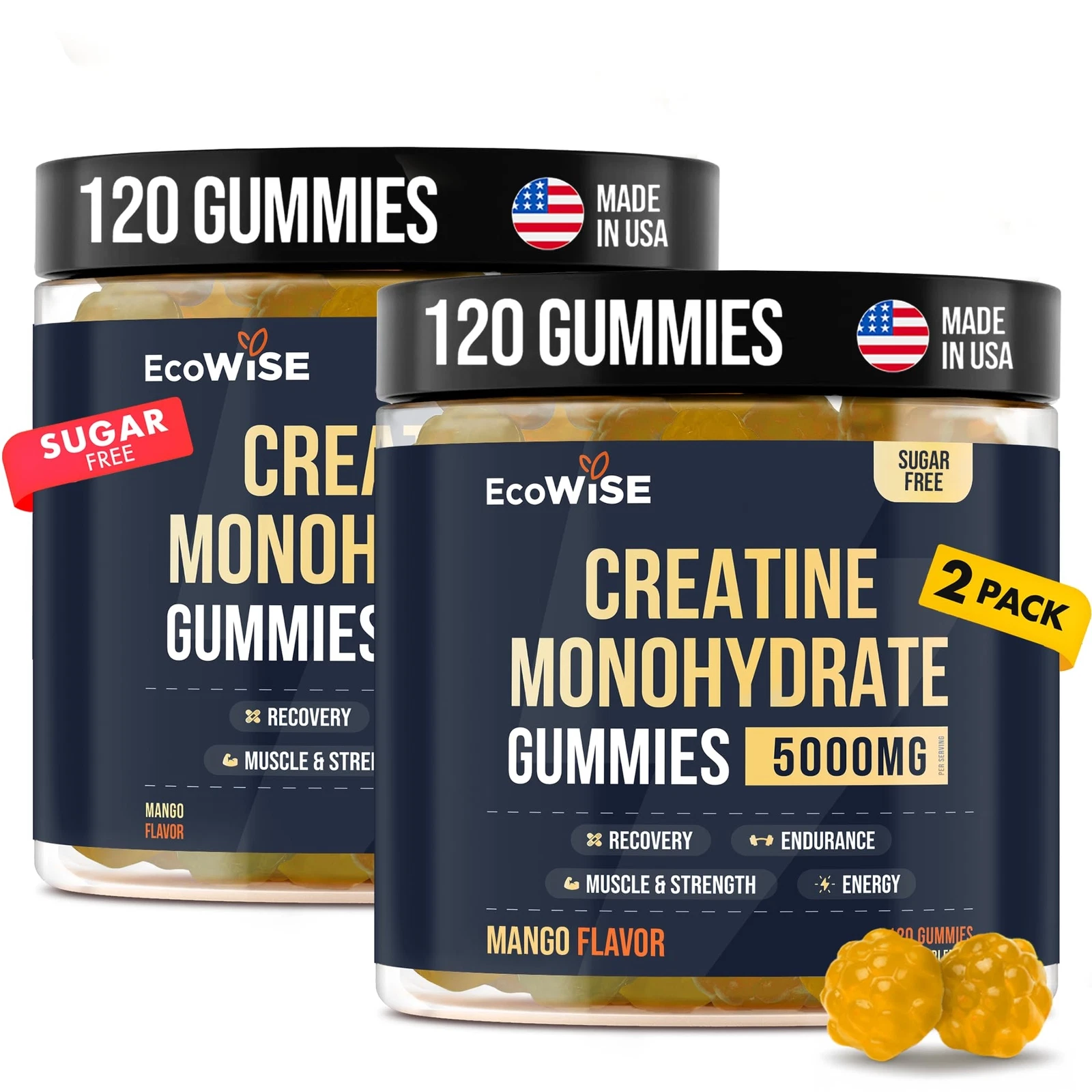 EcoWise Wellness Creatine Monohydrate Gummies 5000 mg Mango Flavor 120 Sugar-...