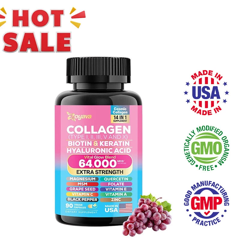 Zoyava Collagen Pills Peptides Types I, II, III, V & X 64,000 MCG Biotin 90 US