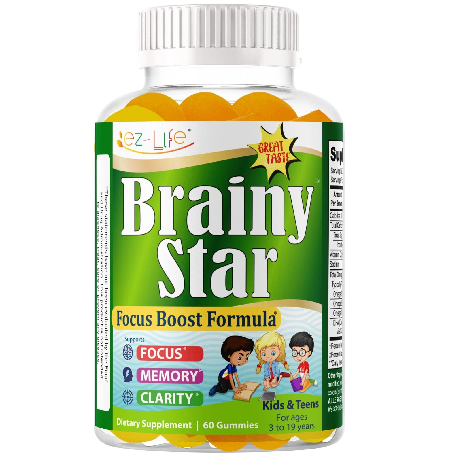 Focus Gummies for Kids & Teens, Omega 3 DHA Memory Supplement Brain Booster 60Ct
