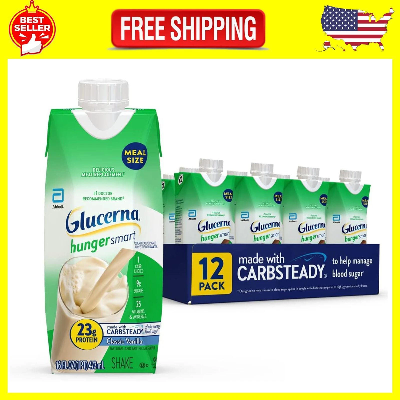 (12 Pack) Glucerna Hunger Smart Diabetic Nutrition Meal Shake, Vanilla, 16 Fl Oz