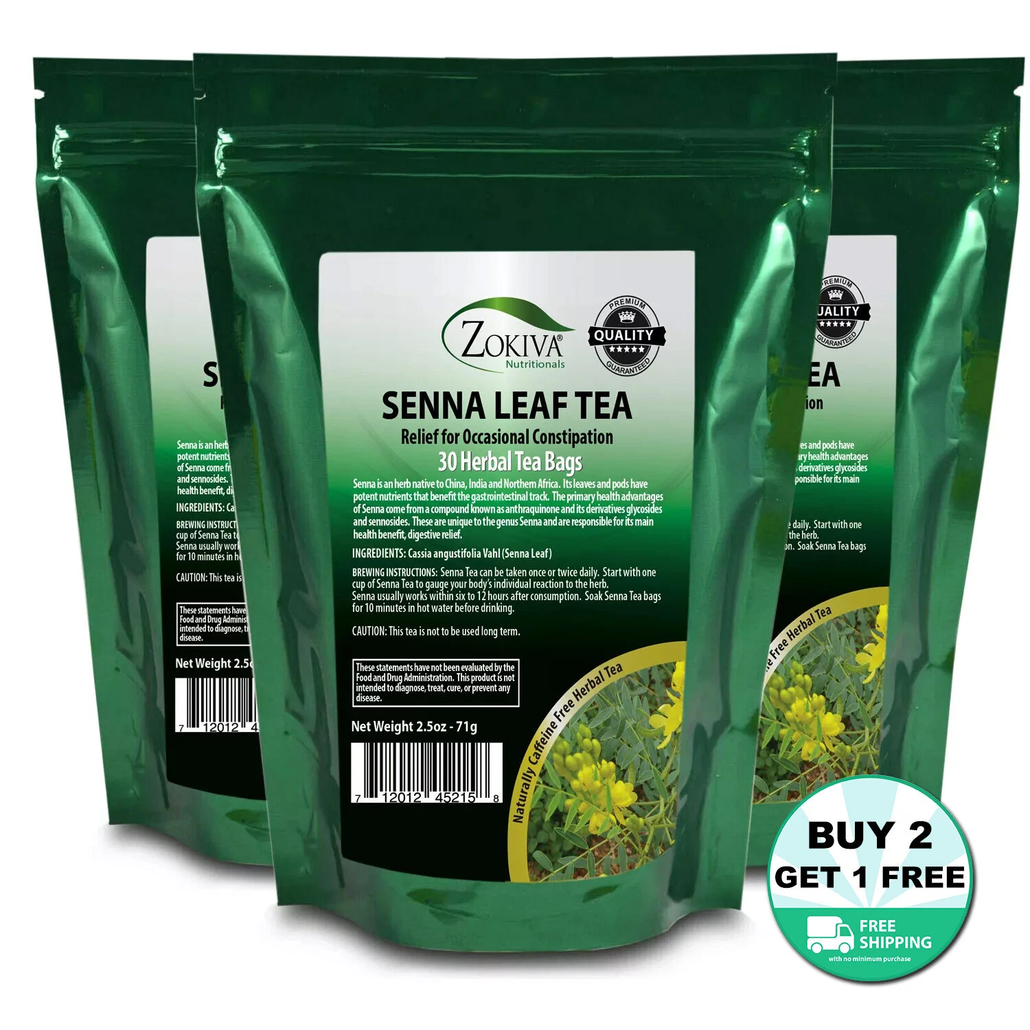 Senna Tea Bags 3-Pack (90) Premium Quality, Caffeine-free Herbal Leaf Tea bags