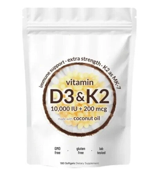 Vitamin D3 10,000IU Vitamin K2 200mcg MK-7 Meenaquinanone 200mcg Coconut Oil