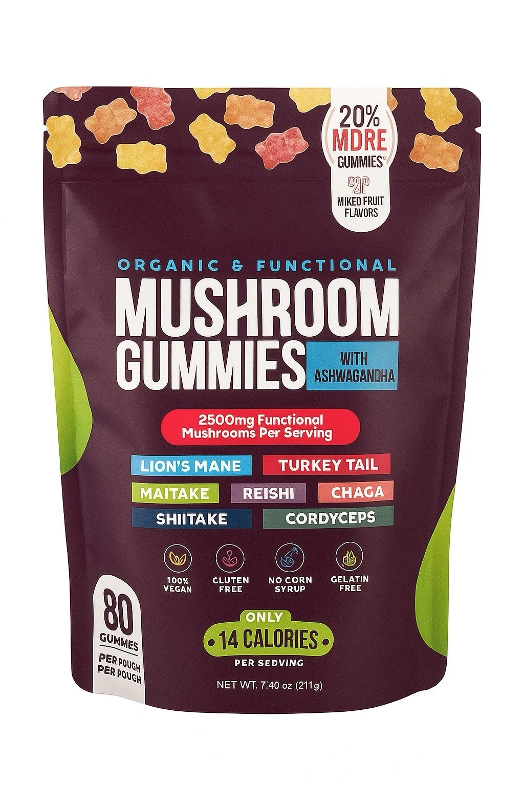 Organic Mushroom Gummies with Ashwagandha-Nutritional Supplement-80 gummies