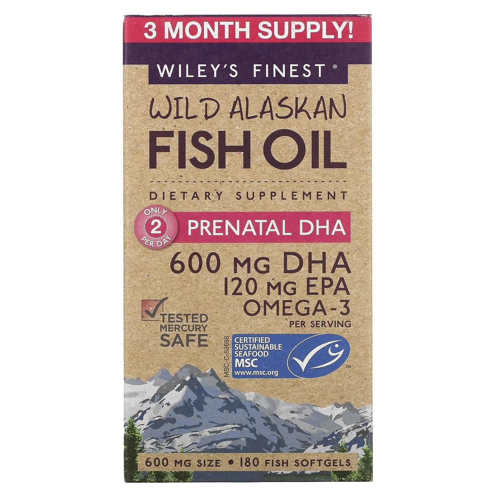 2 X Wiley's Finest, Wild Alaskan Fish Oil, Prenatal DHA, 600 mg, 180 Fish Softge