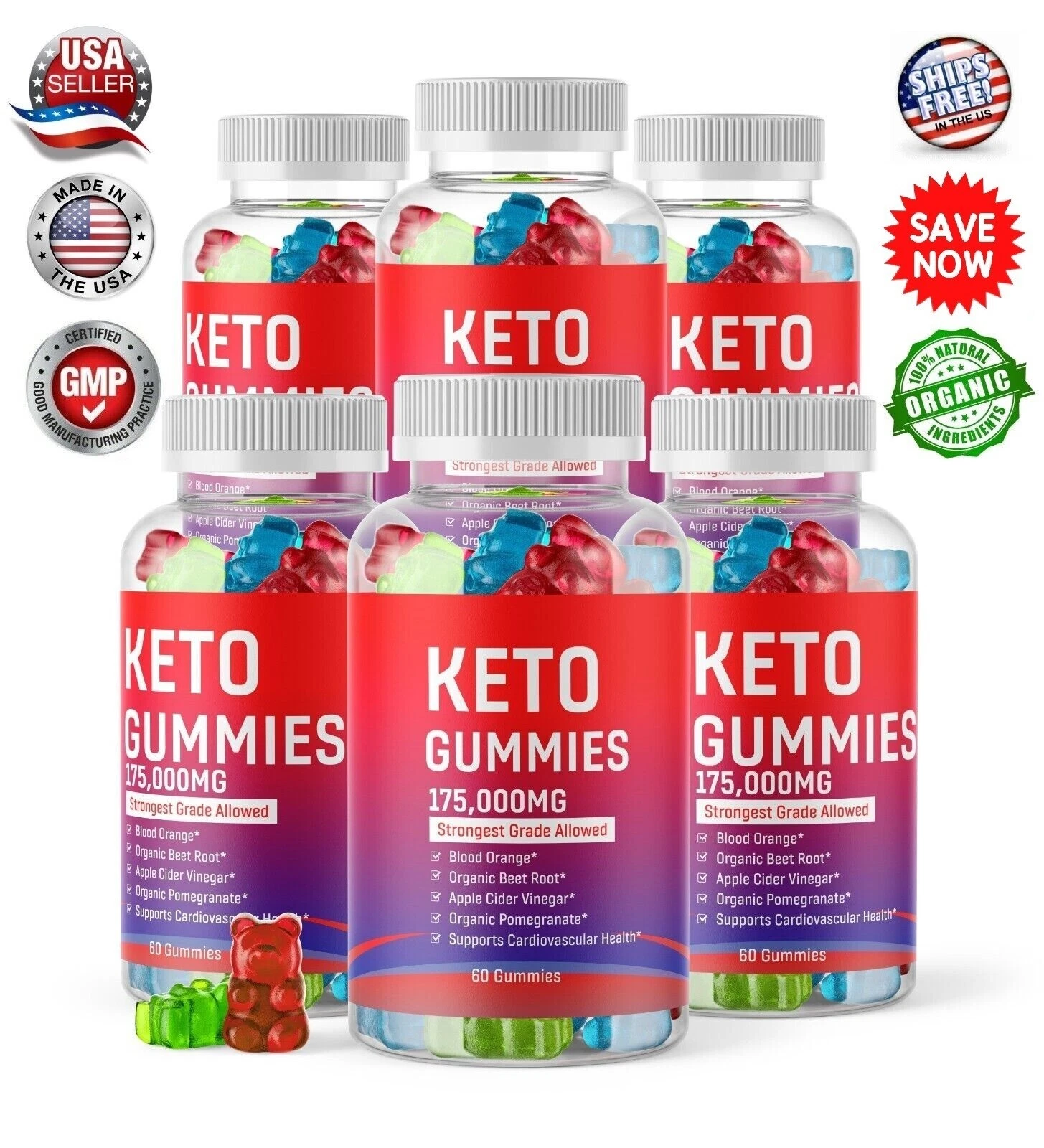 6 x Keto Slimming Gummies 175,000mg Apple Cider Vinegar ACV Weight Loss 60 USA