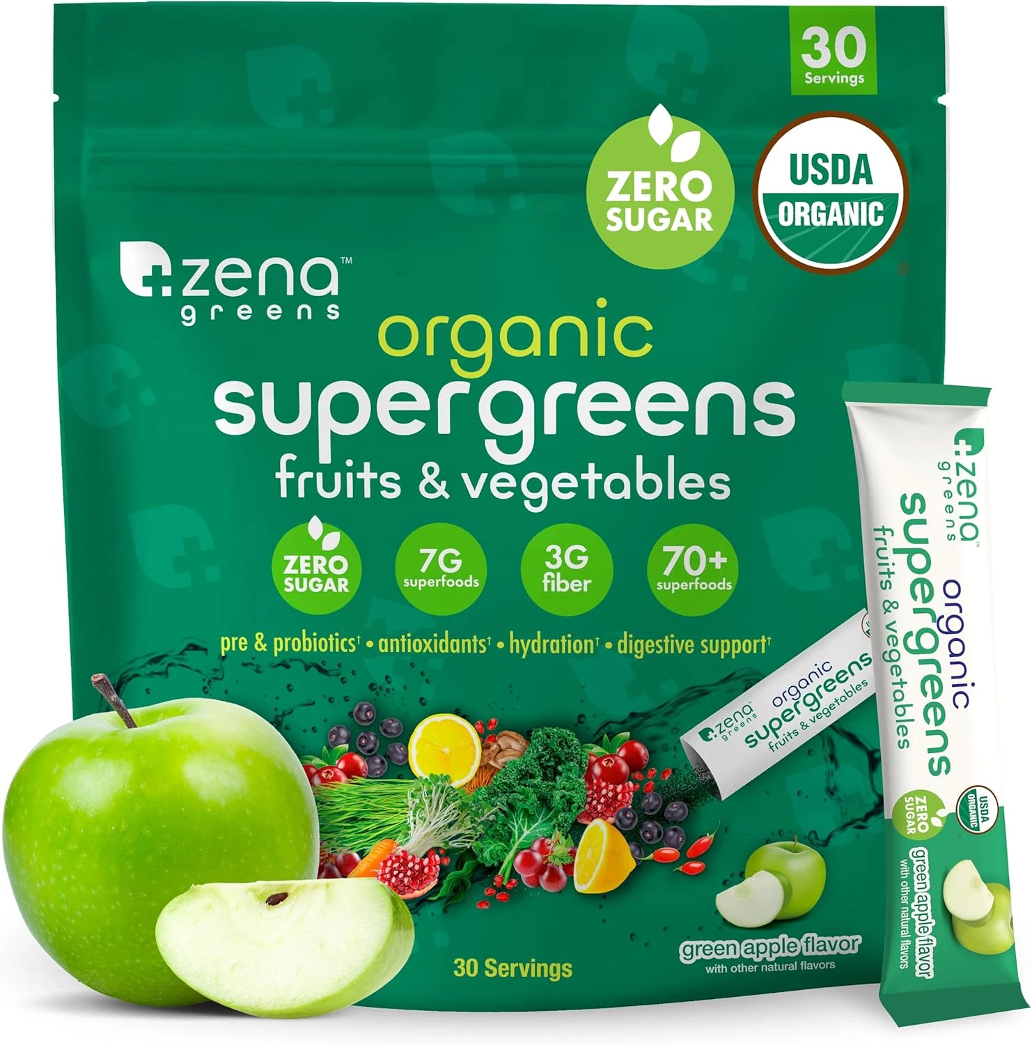 Zena Organic Super Greens Powder, 70+ Superfoods Drink Mix, 0 Sugar, 3G Fiber, F