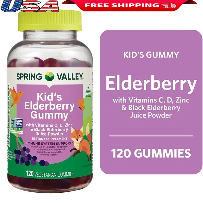 Kids Non GMO Elderberry Gummies Immune Support Vegetarian 120 Count Gluten Free