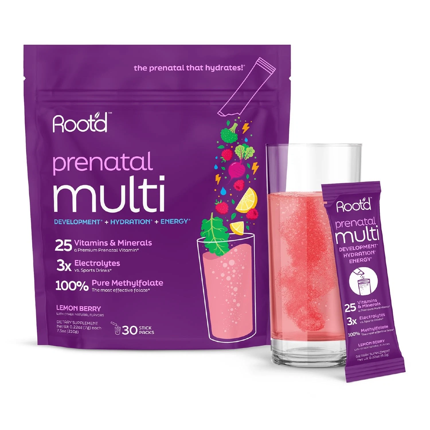 Root'd Prenatal Multivitamin Powder - 25 Vitamins & Minerals with 3x Electrolyte