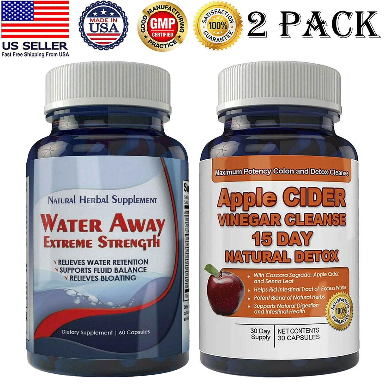 Diuretic Water Away Pills 700mg & Apple Cider Vinegar Cleanse Detox Weight Loss