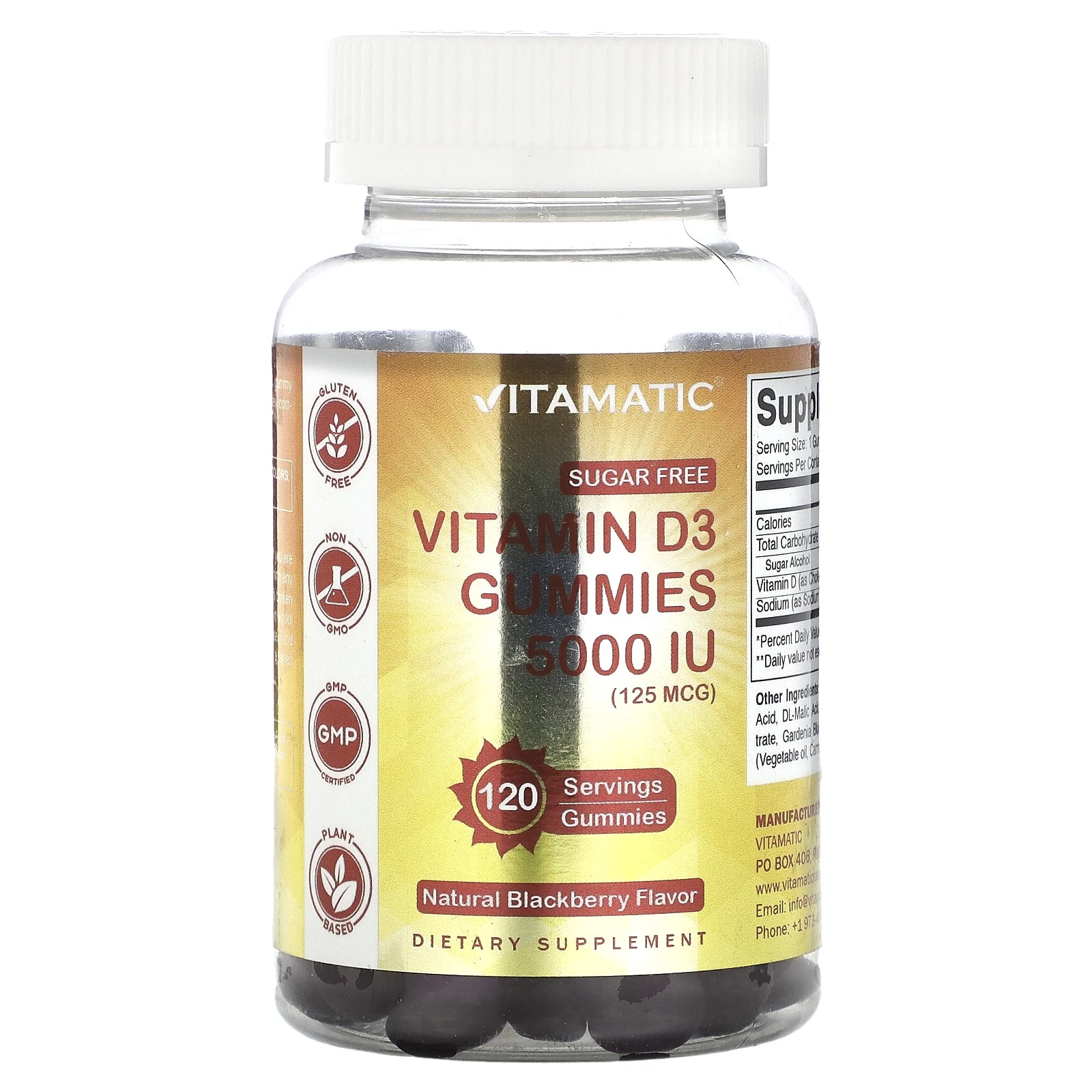 Sugar Free Vitamin D3 Gummies, Natural Blackberry, 125 mcg (5,000 IU ), 120