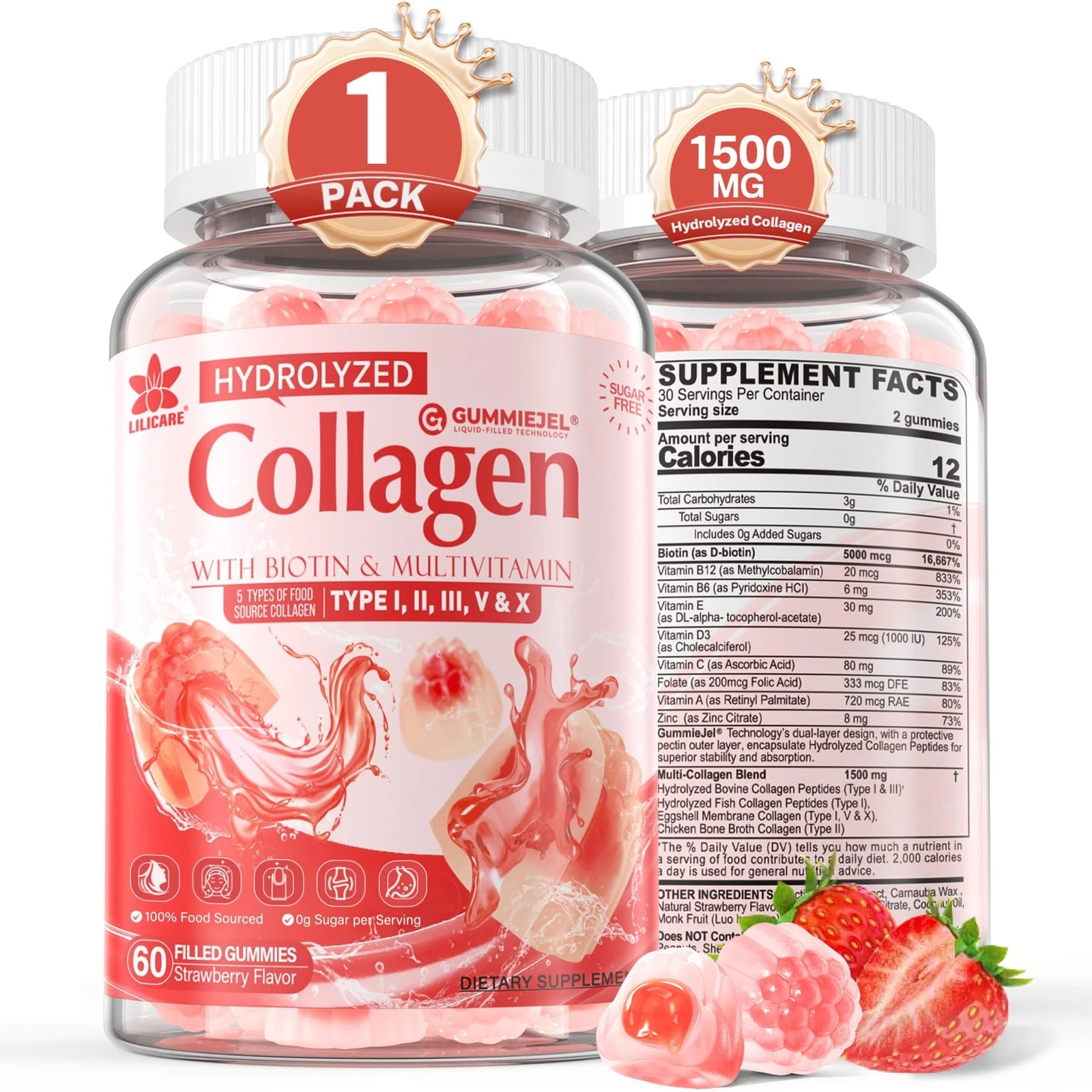 Collagen Peptide Gummies for Women & Men Sugar-Free, Multi Collagen Hydrolyzed w