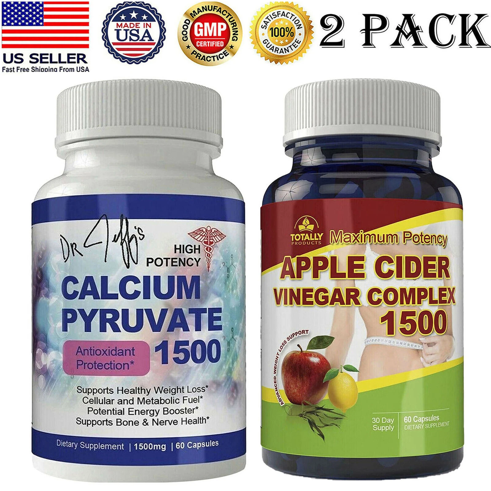 Calcium Pyruvate Supplements & Apple Cider Vinegar Weight Loss Capsules Bundle