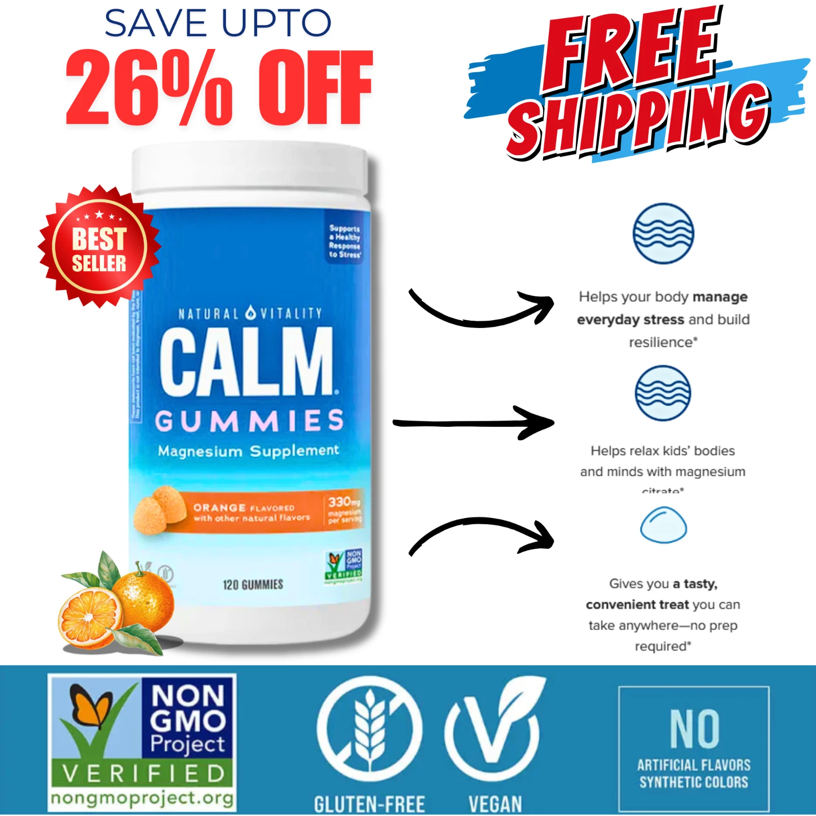 Natural Vitality CALM Magnesium Citrate Supplement Orange Flavor, 120 Gummies