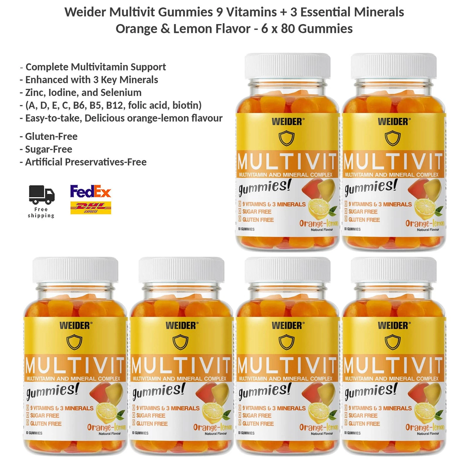 Weider Multivit Gummies 9 Vitamins +3 Essential Minerals Orange-Lemon Flavor x6