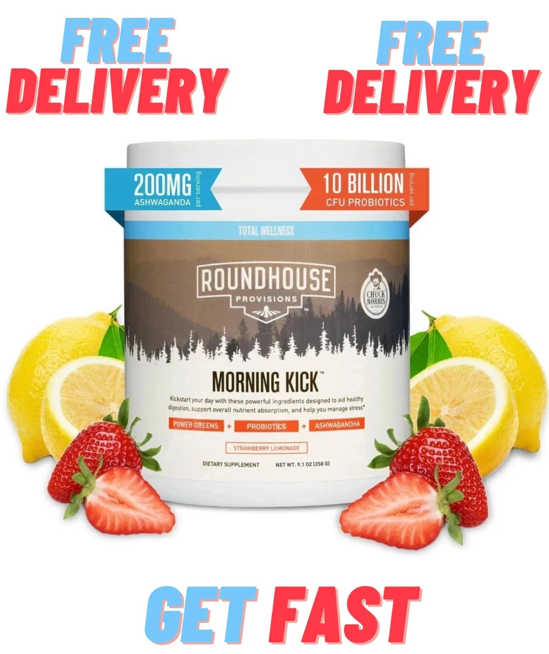 By Chuck Norris Morning Kick, Greens Superfood Powder Supplement with Ashwaganda