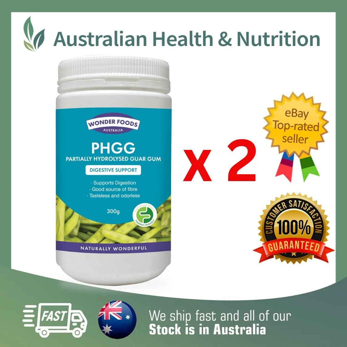 2 x WONDER FOODS PARTIALLY HYDROLYSED GUAR GUM 300G (PHGG) + FREE SAME DAY POST