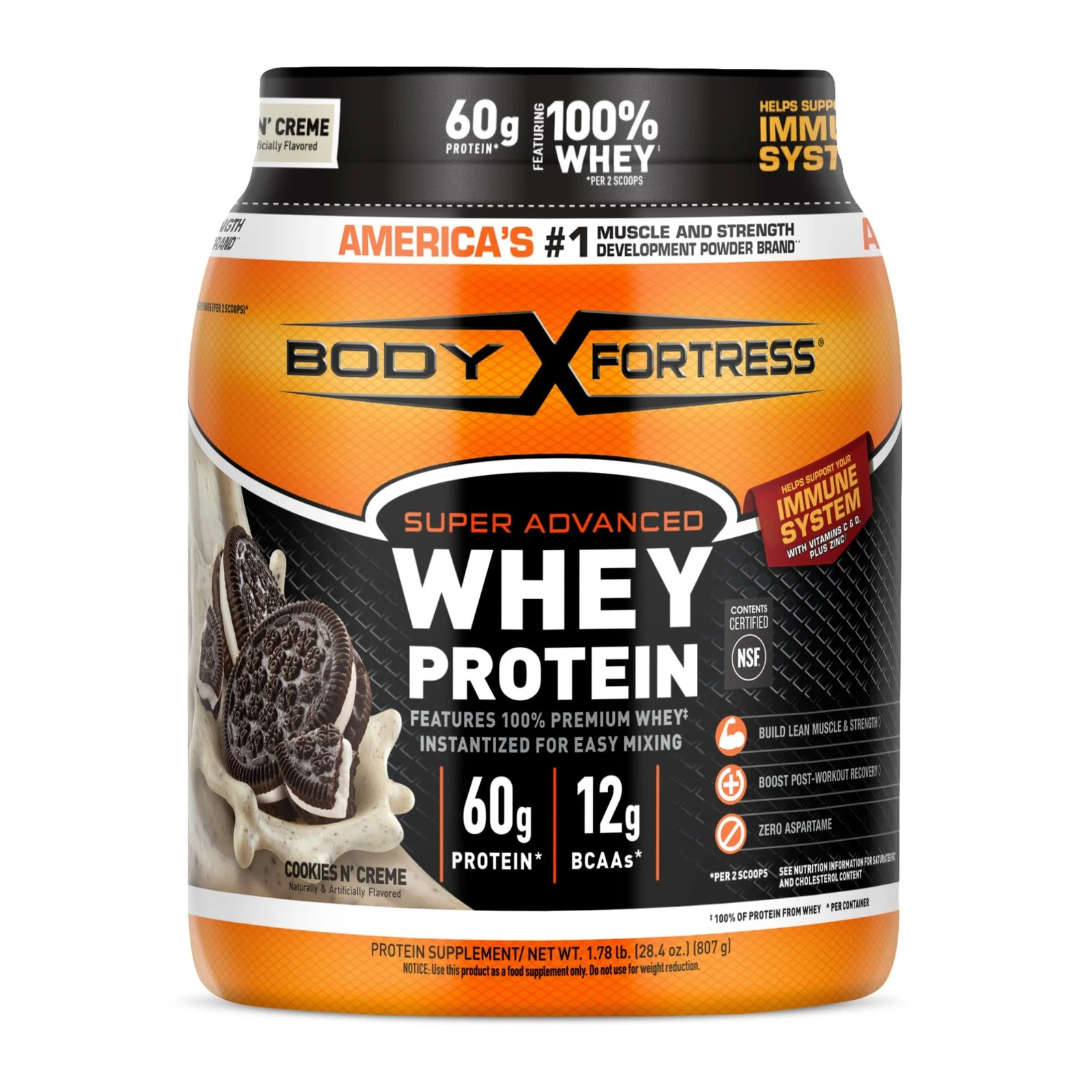 Body Fortress Whey Protein Powder Cookies N’ Creme 60g Protein 1.78 lbs