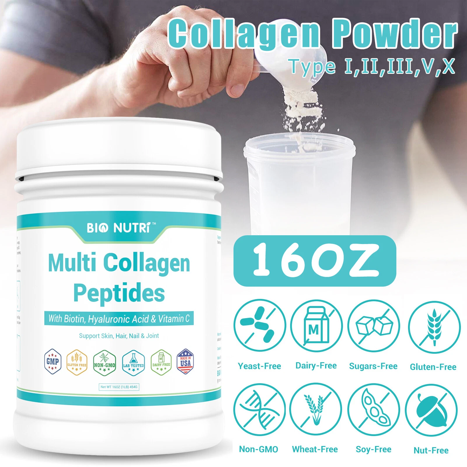 1LB Premium Multi Collagen Peptides Powder Types I, II, III, V, X Anti-Aging NEW