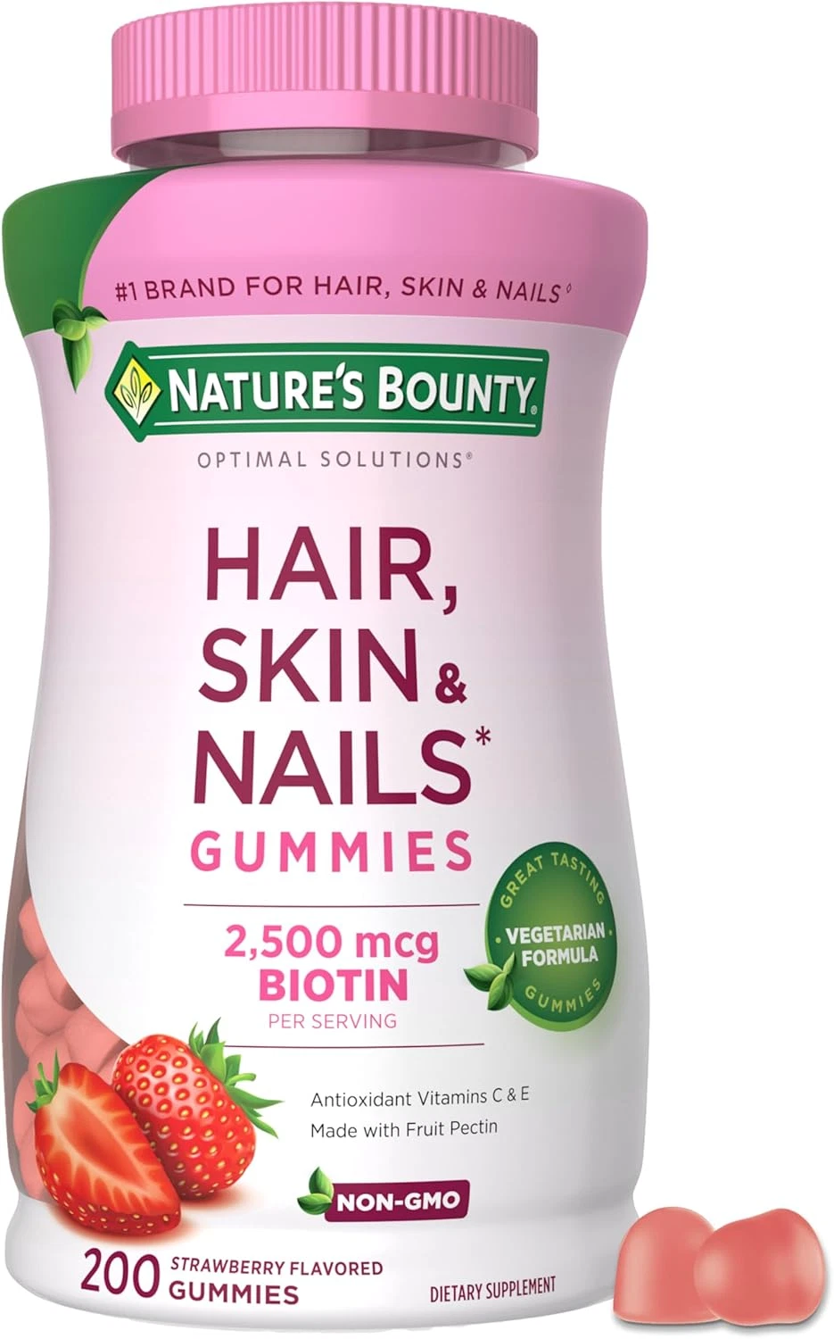 Hair, Skin & Nails Gummies – 2500mcg Biotin, 200 Ct, Veg, No-Stick, Strawberry