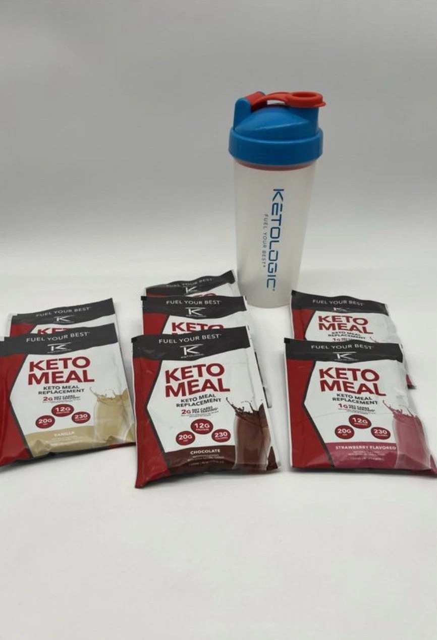 7 KetoLogic Keto Meal Replacement Packs W/ Shaker Cup Chocolate Strawberry...