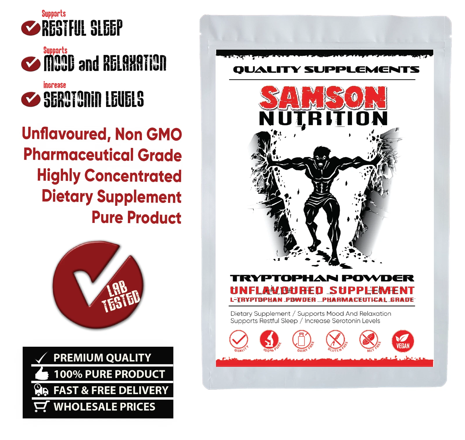 Tryptophan 250g / 100% Pure Powder (L-Tryptophan) Help Mood, Stress, Relax Sleep