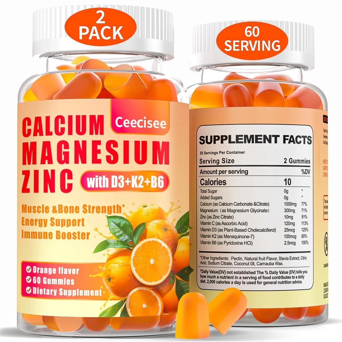 Calcium Magnesium Zinc Gummies with D3 &B6 &K2,1000mg Calcium Gummies with 300mg