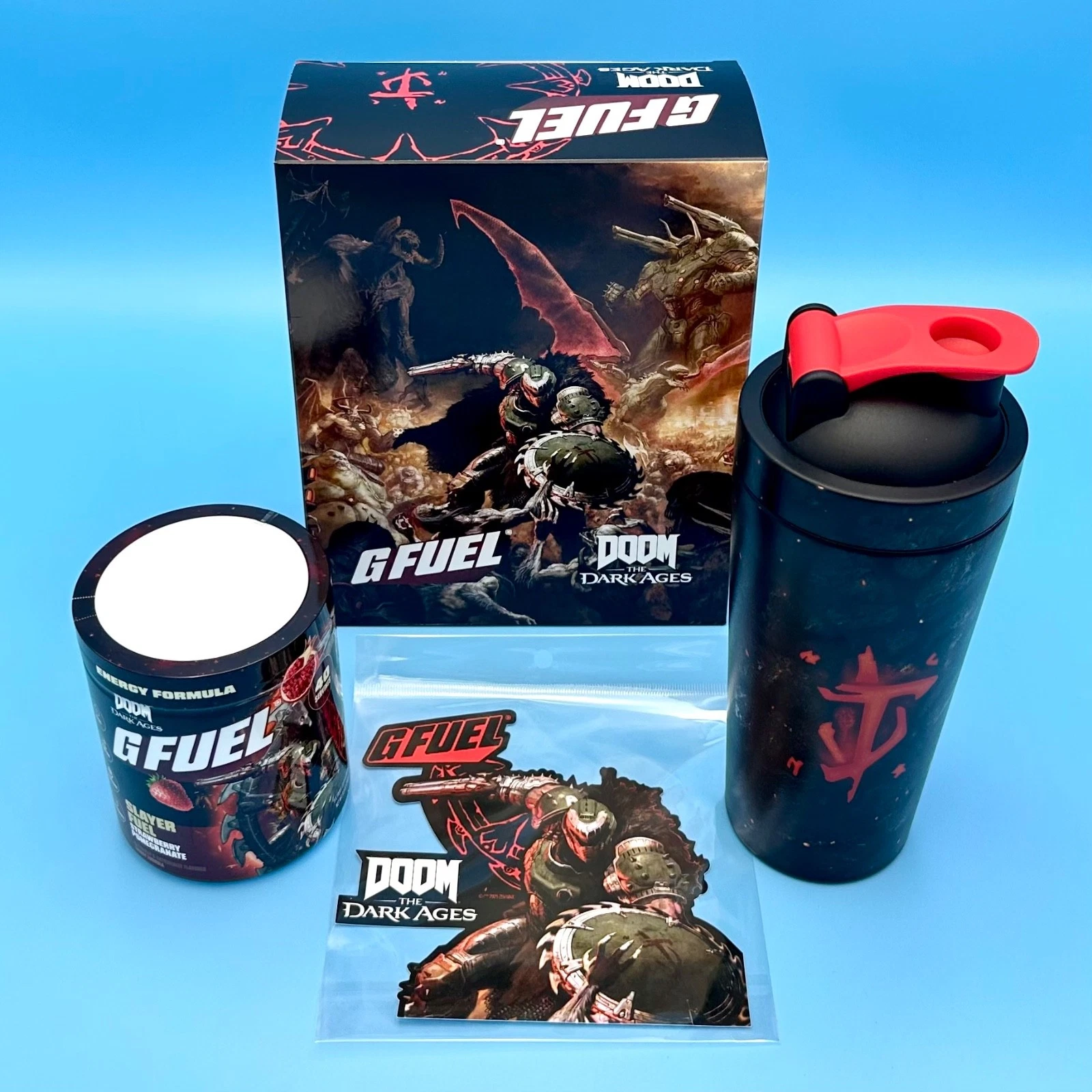 G Fuel DOOM The Dark Ages Slayer Collector's Box Tub Metal Shaker Cup + Sticker