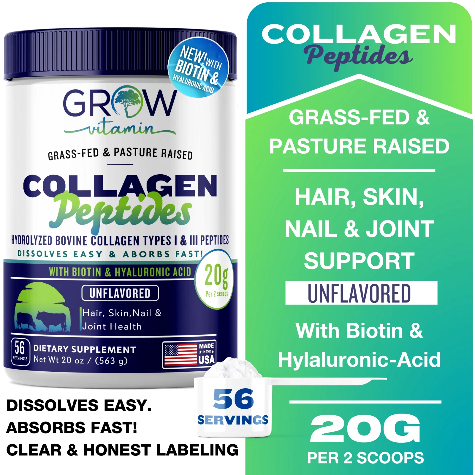 Collagen Peptides - Hair, Skin, Nail, and Joint Support - Type I & III Collagen