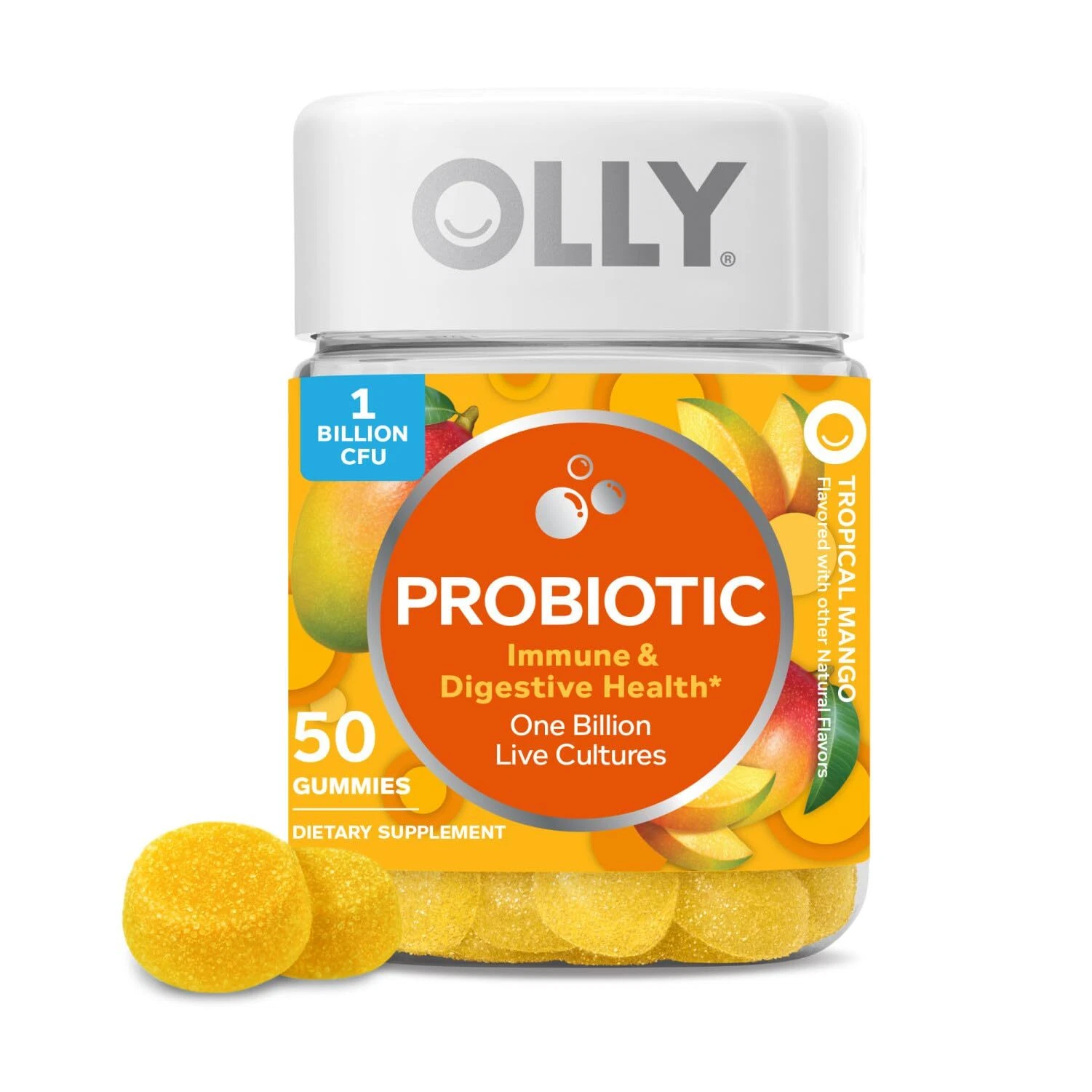 OLLY Probiotic Gummies 50 Count Tropical Mango Gut Health Support