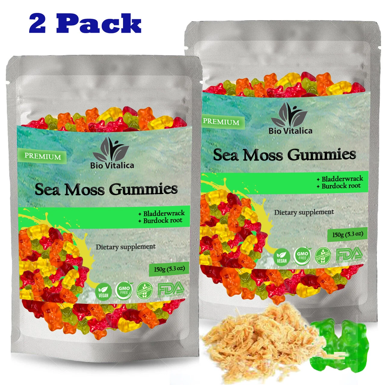 (2 Pack) Sea Moss Gummies - Irish sea Moss raw Organic Bladderwrack Burdock Root