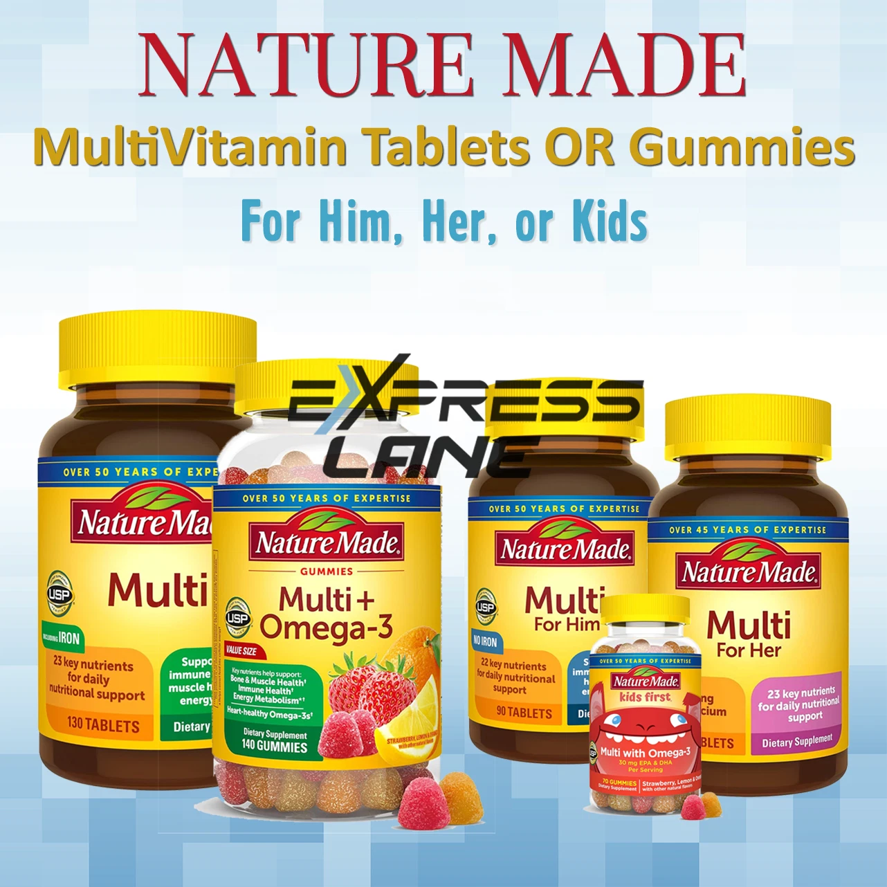 Nature Made Multivitamin Tablets or Gummies For HIM, HER, KIDS Health Supplement