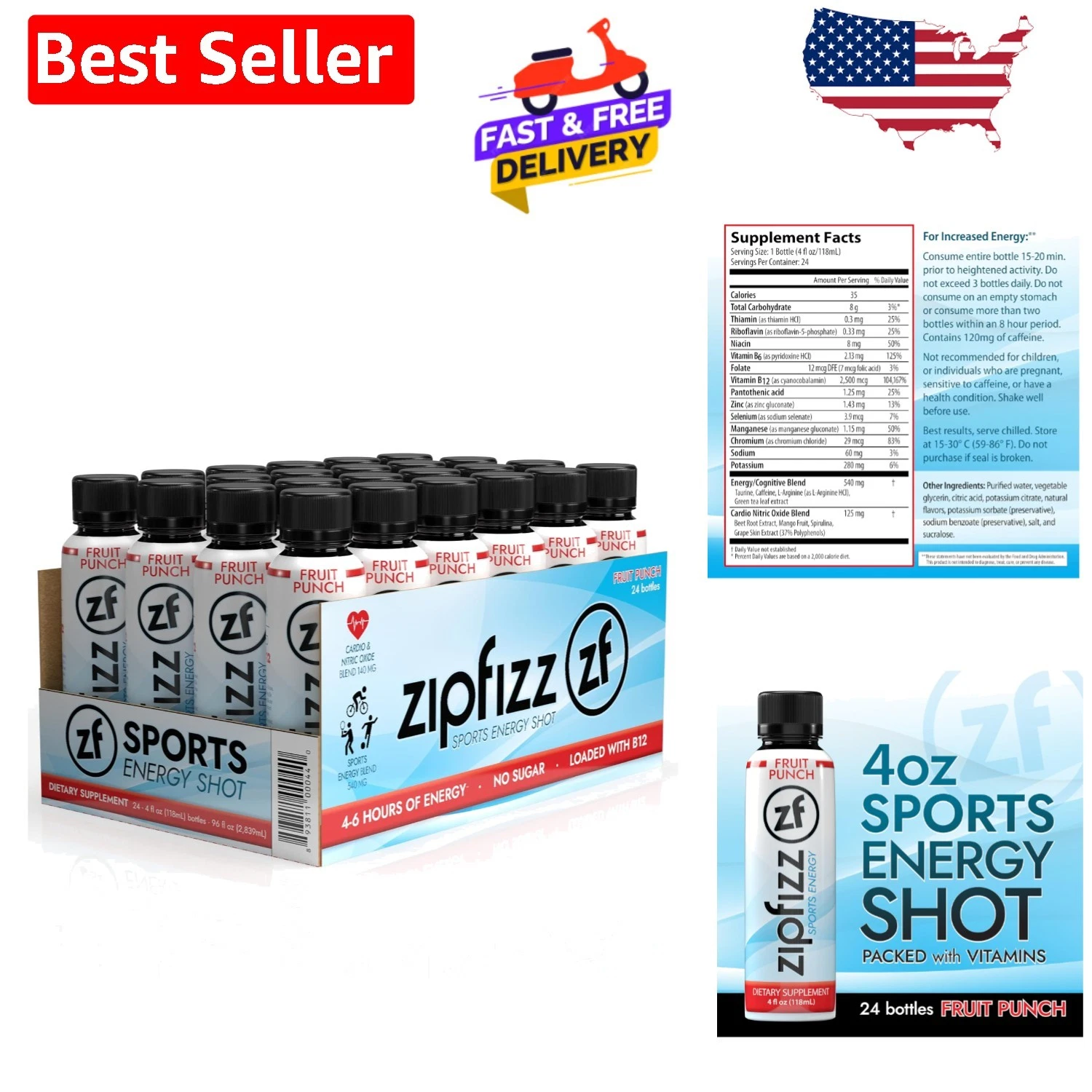 24 Count Fruit Punch Energy Shots - Hydration & Mental Clarity, 4oz Each