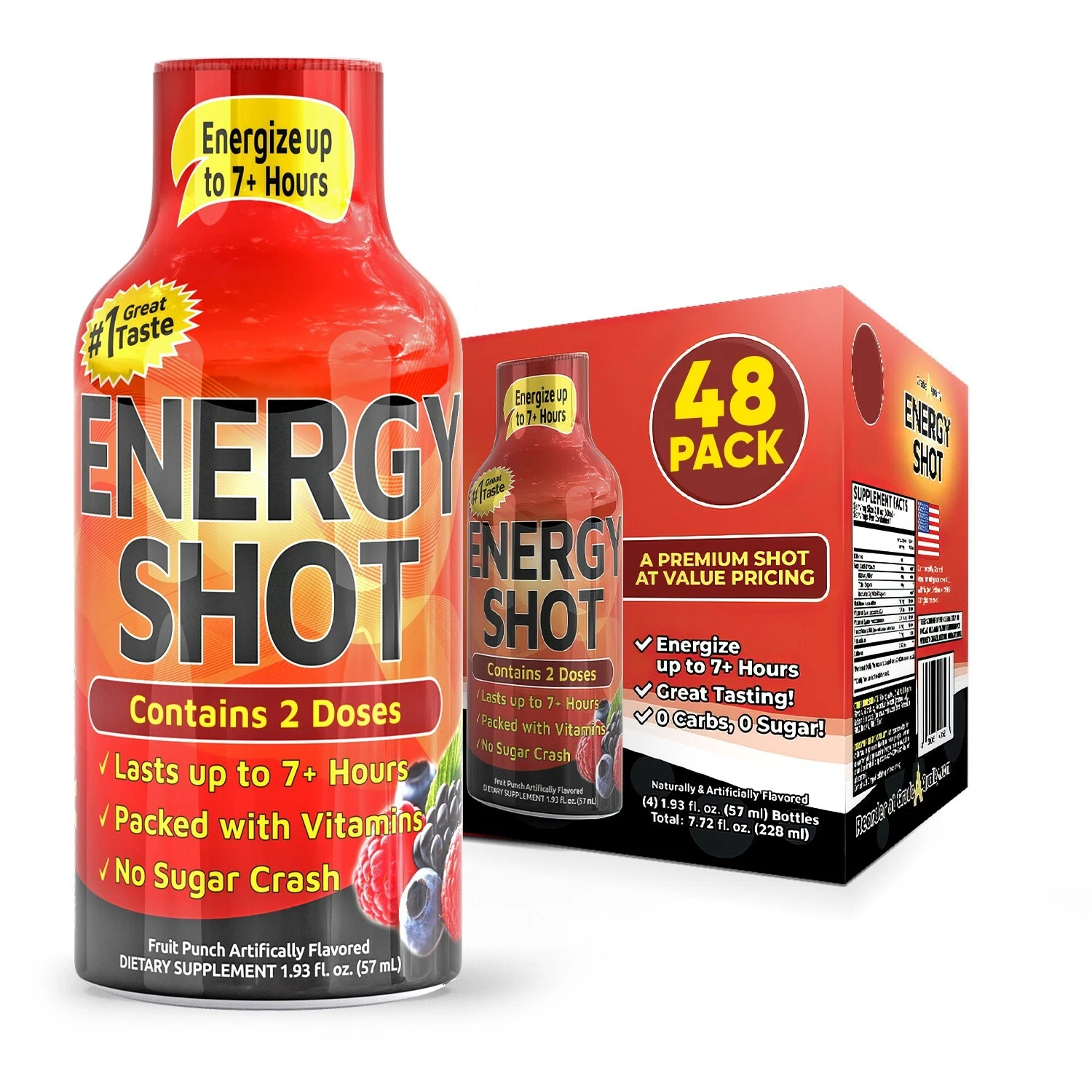 (48 Pack) GAQ Energy Shots, Fruit Punch, Energy Lasts Up to 7+ Hours