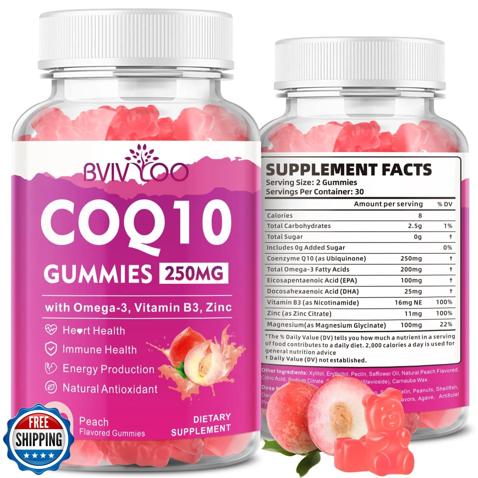 Sugar-Free CoQ10 Gummies 250mg, Plus Omega-3, Vitamin B3 and Zinc, Magnesium