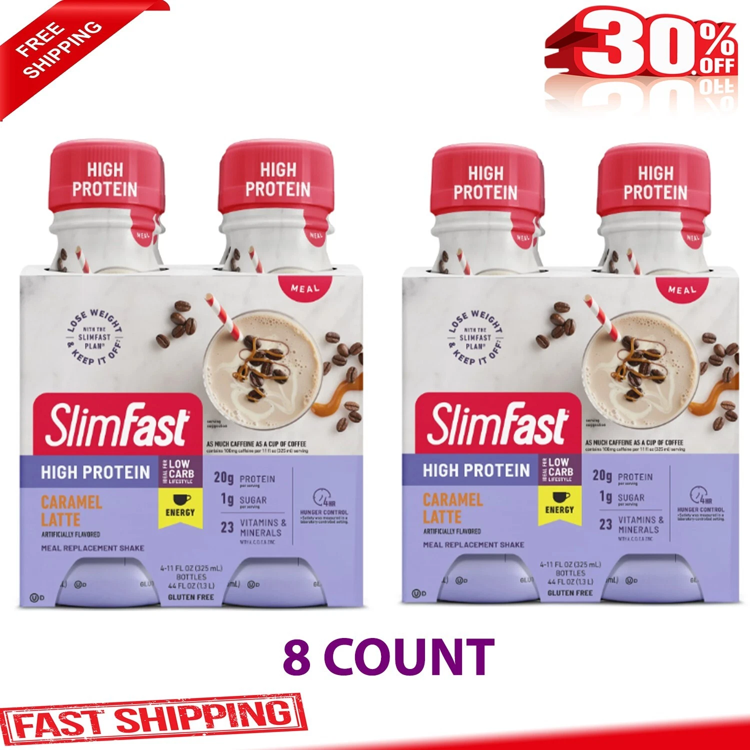 Slimfast High Protein Energy, Caramel Latte Meal Replacement Shake,11 fl Oz,8 Ct