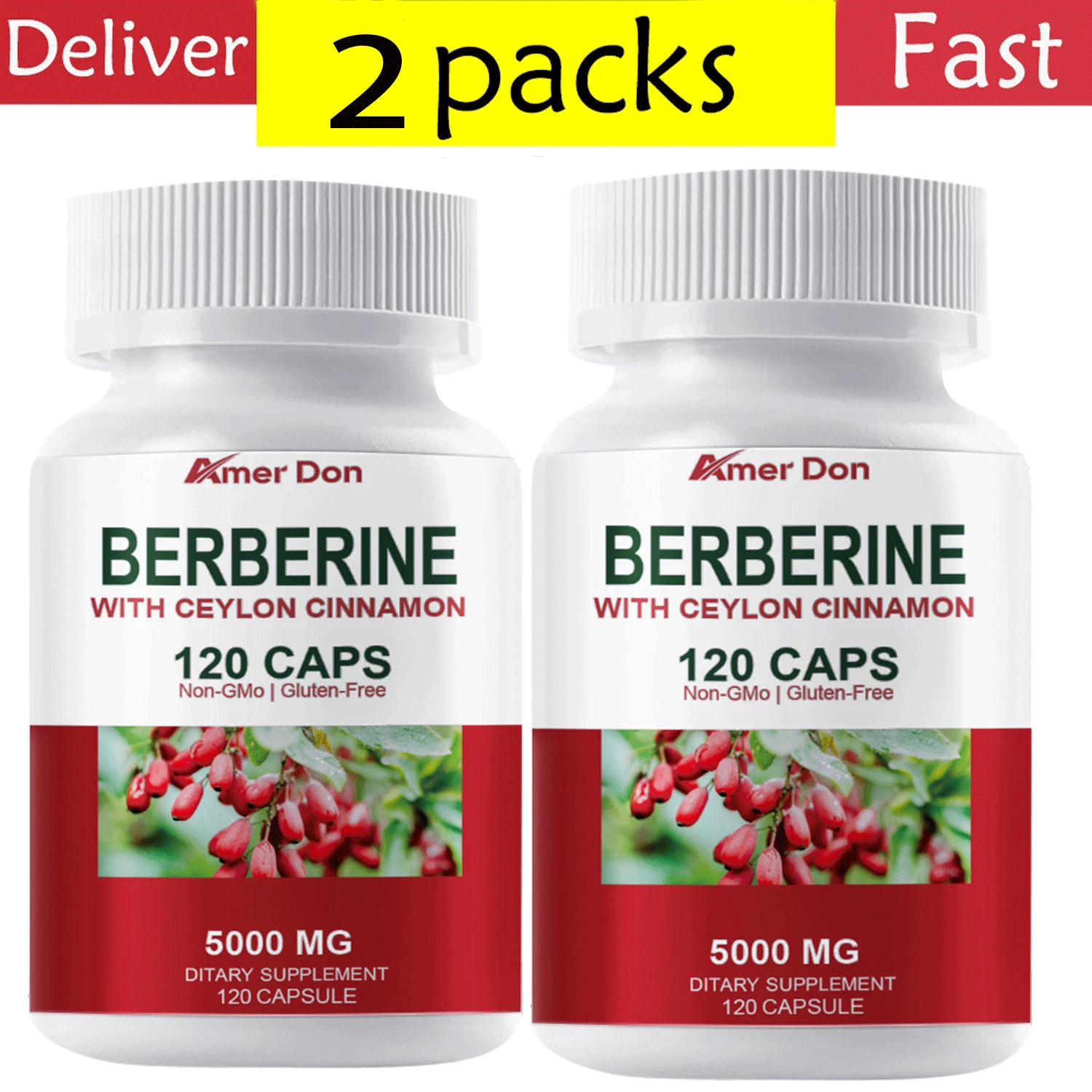 Premium Berberine HCL Extract 5000mg Capsules - Blood Sugar Support 2 Bottles US