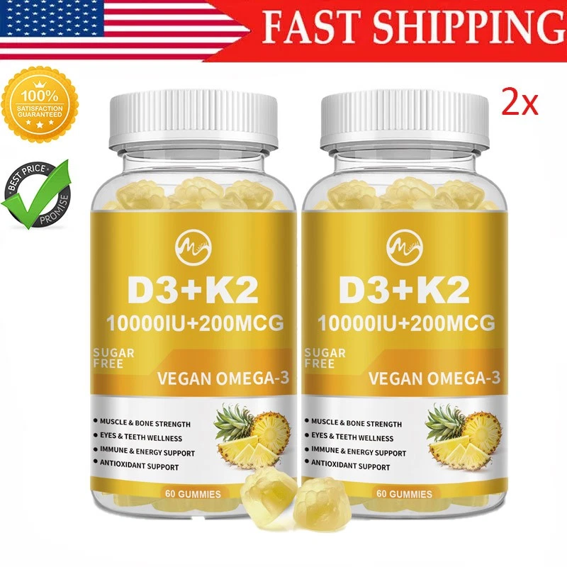 2xVitamin D3 K2 60Gummies, Vitamin D3 10000 IU Bone,Teeth,Muscle,Immune Health