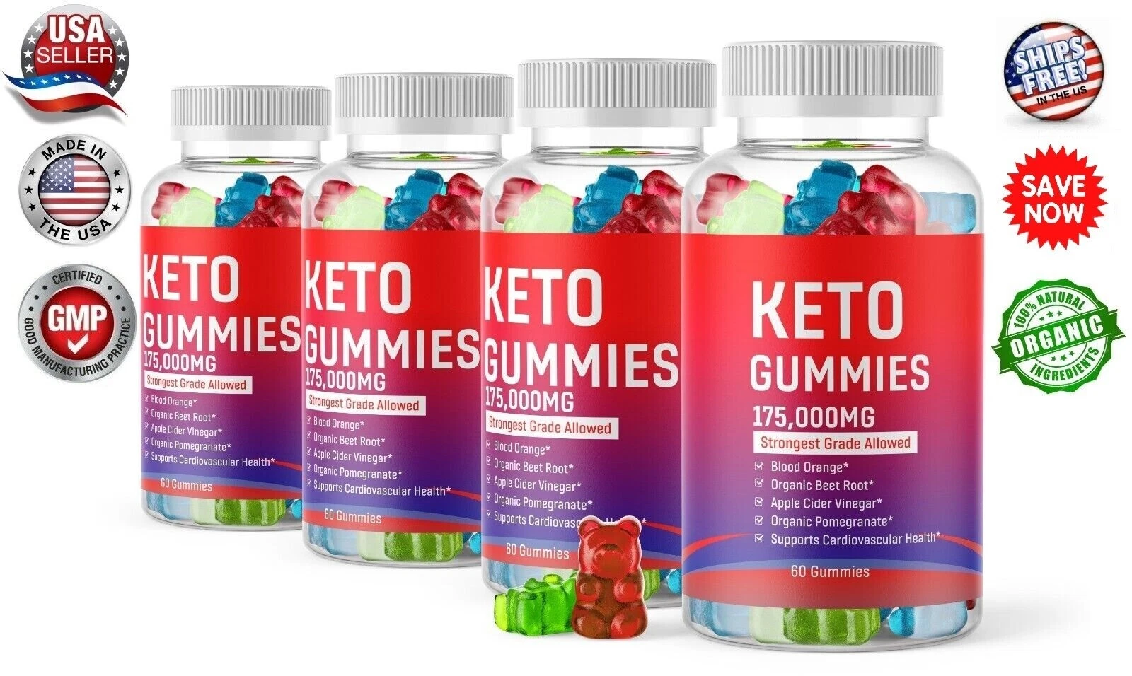 4 x Keto Slimming Gummies 175,000mg Apple Cider Vinegar ACV Weight Loss 60 USA