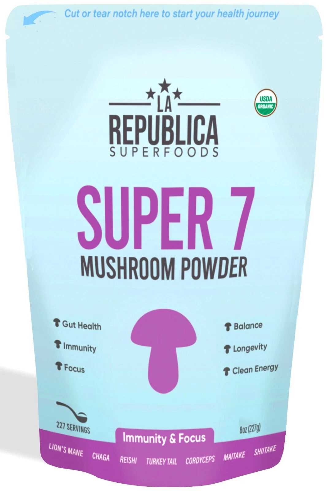 La Republica Super 7 Mushroom Powder 8oz Bag (Full-Fruiting Bodies) 227 Servings