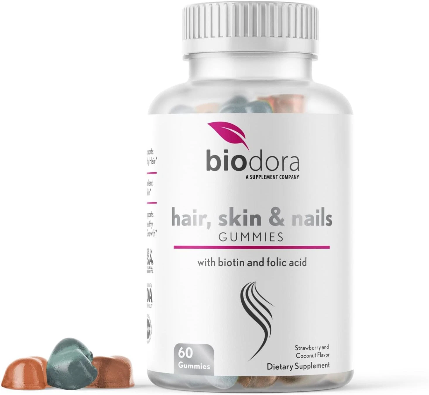Biodora Hair Skin Nails Gummies Extra Strength Biotin w Folic Acid, 60 gummies