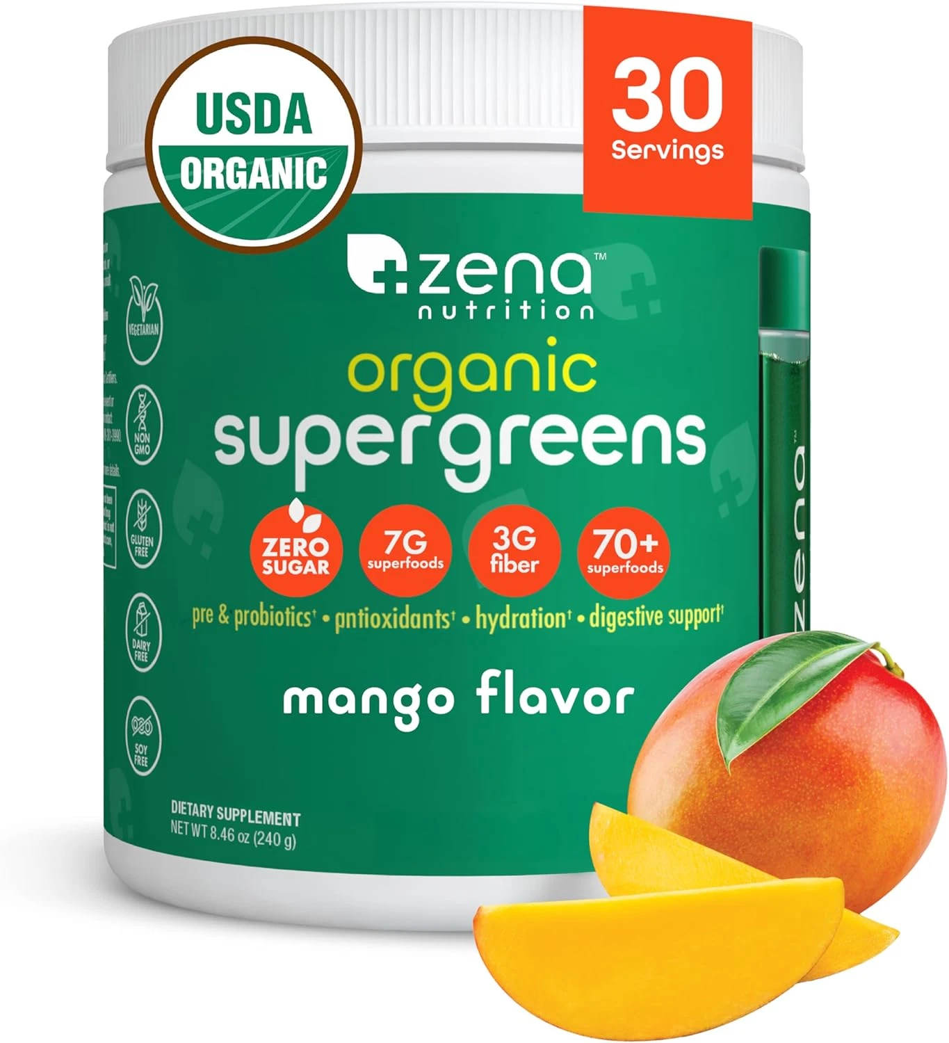 Zena Organic Super Greens Powder, 70+ Superfoods Drink Mix, 0 Sugar, 3G Fiber, F