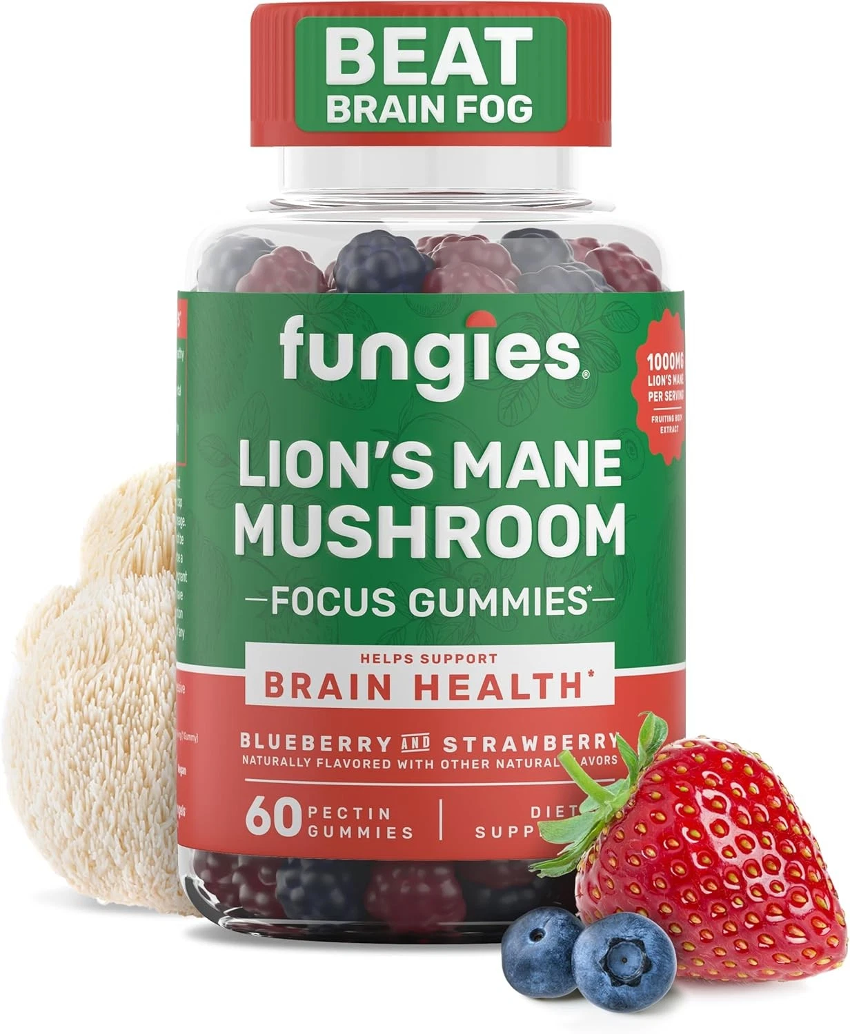 Fungies Lion's Mane Mushroom Gummies, Mixed Blueberry & Strawberry Flavor -...