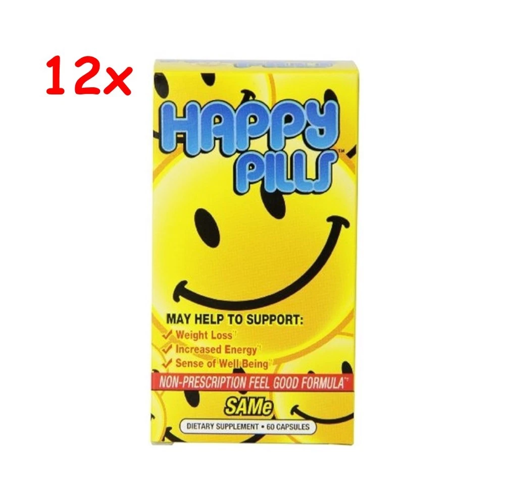 Lot of 12 Happy Pills 60 caps St John's Worth, SAMe, D3 B12 Caffeine BPI Sports