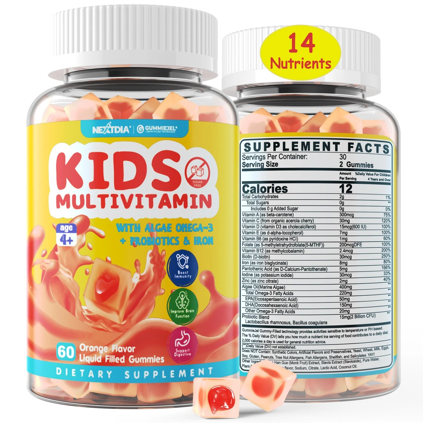 Sugar Free Kids Multivitamin Gummies (Made in USA) with Iron, Probiotics, Vegan