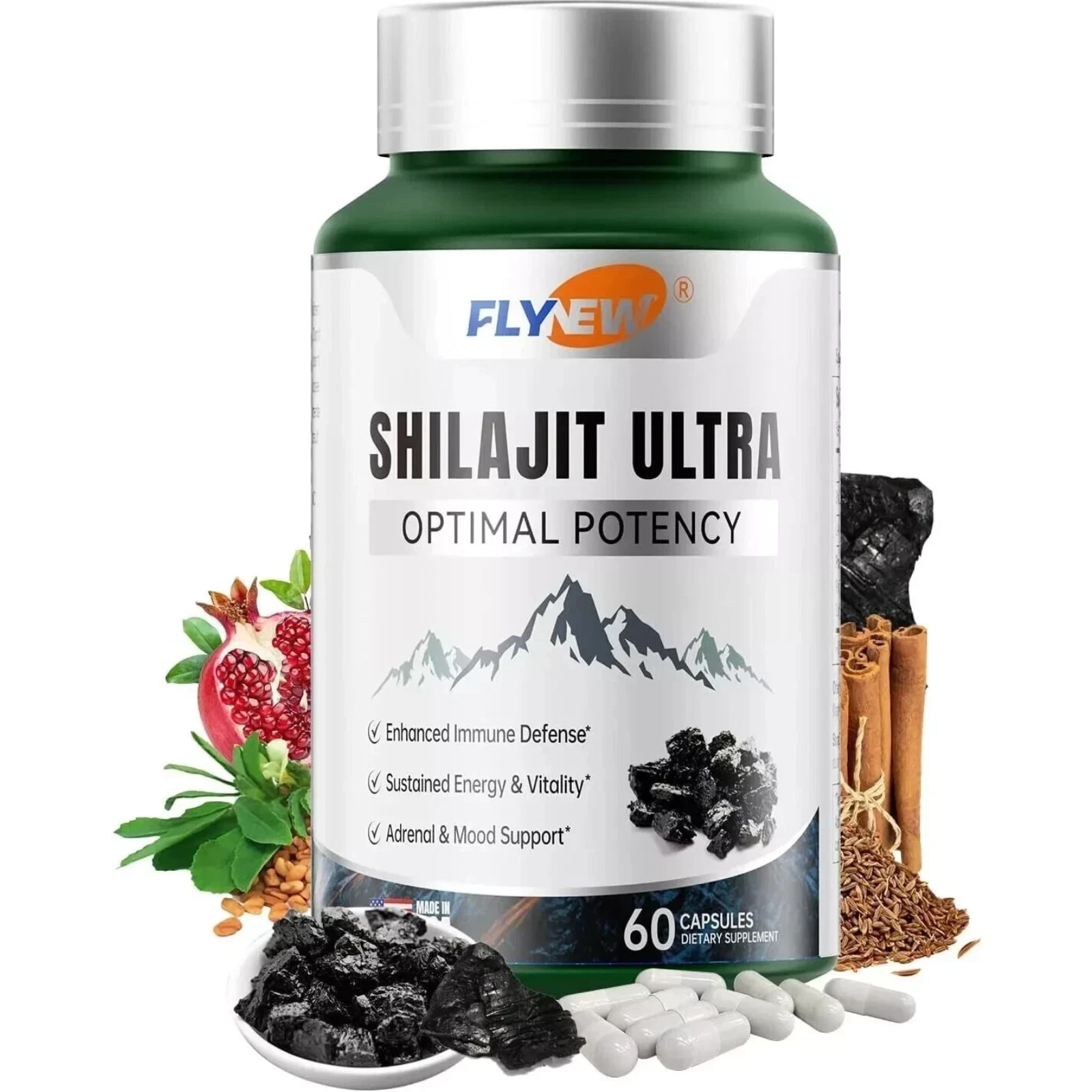 Flynew Shilajit Ultra Optimal Potency, Energy& Vitality, Shilajit L-arginine,